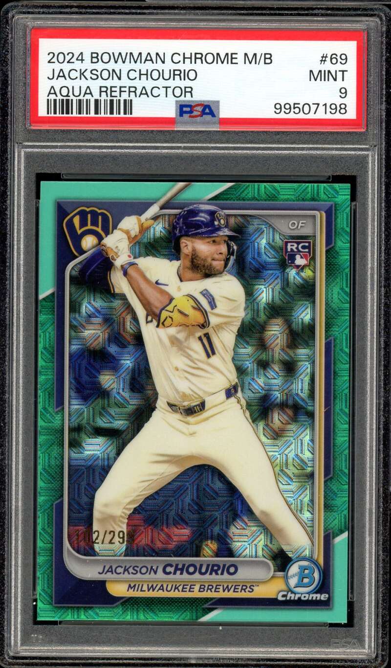 Jackson Chourio Rookie 2024 Bowman Chrome M/B Aqua Refractor (pop 9) #69 PSA 9 Image 1