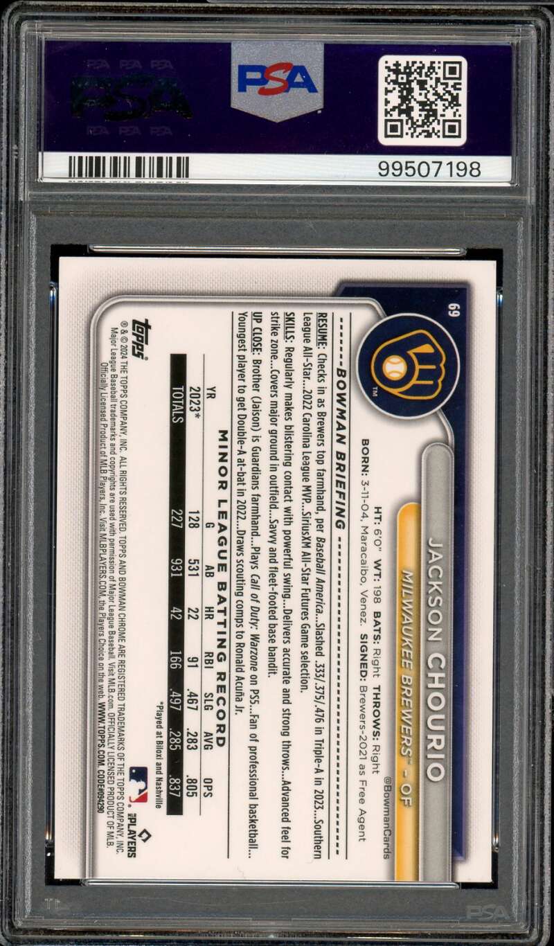 Jackson Chourio Rookie 2024 Bowman Chrome M/B Aqua Refractor (pop 9) #69 PSA 9 Image 2