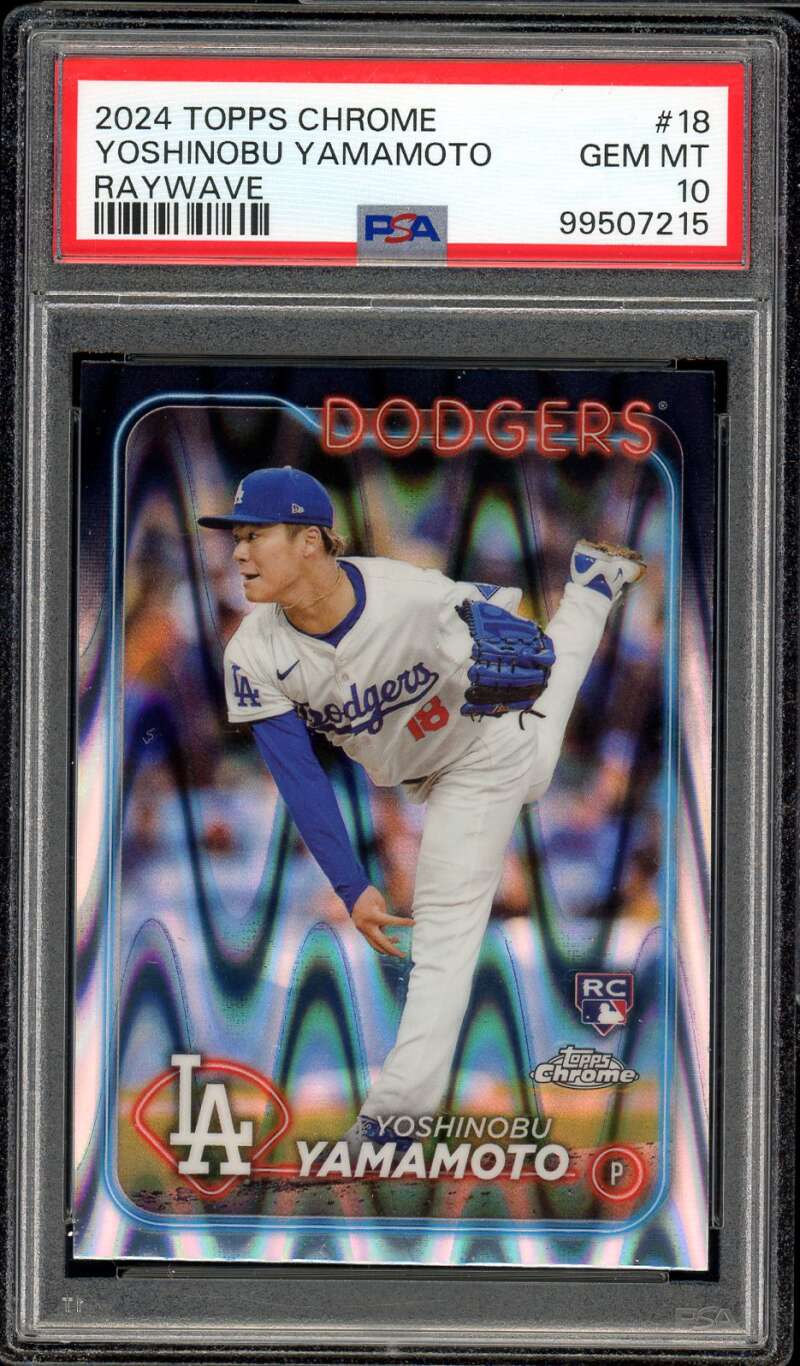 Yoshinobu Yamamoto Rookie Card 2024 Topps Chrome Raywave #18 PSA 10 Image 1