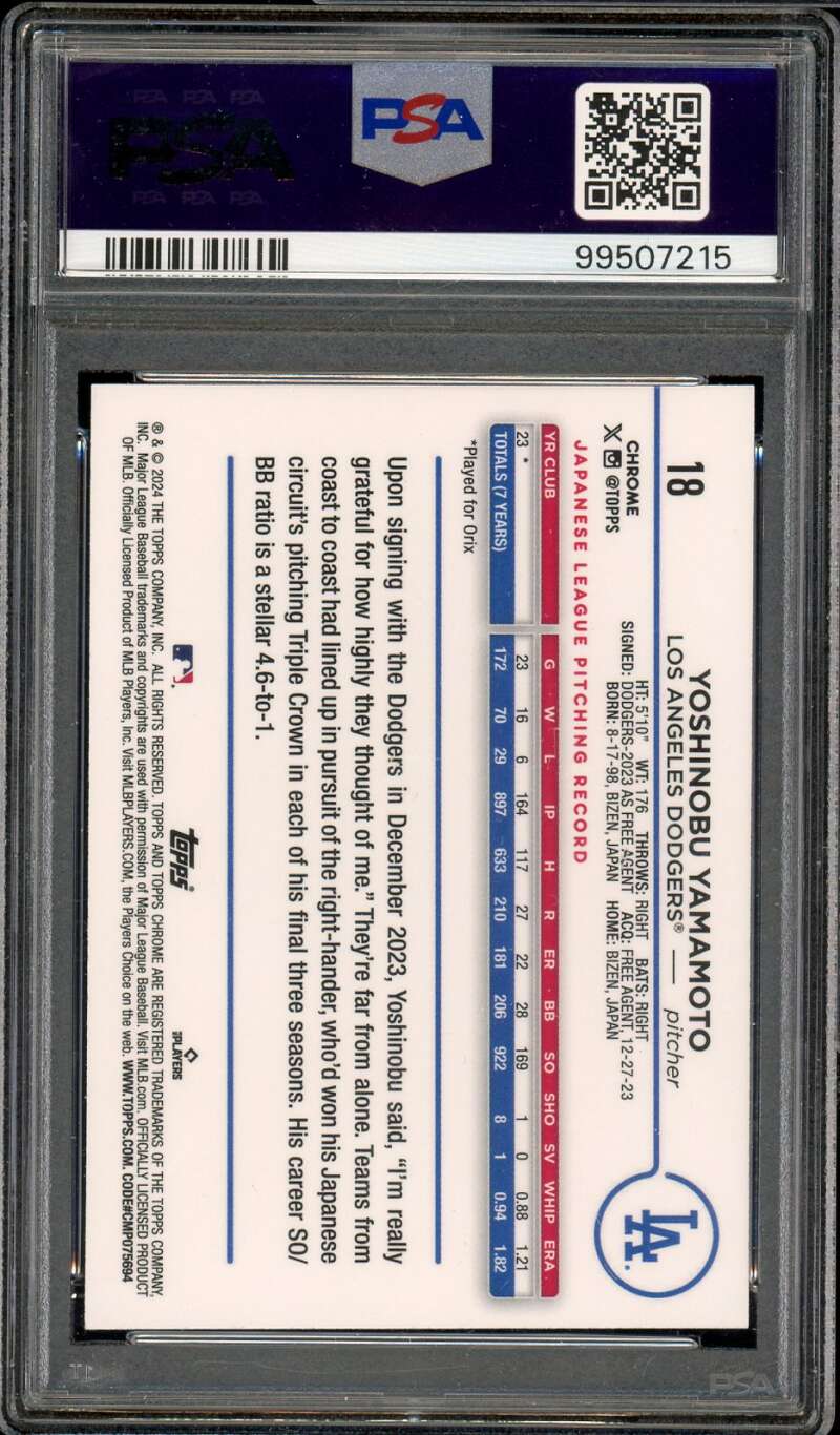 Yoshinobu Yamamoto Rookie Card 2024 Topps Chrome Raywave #18 PSA 10 Image 2