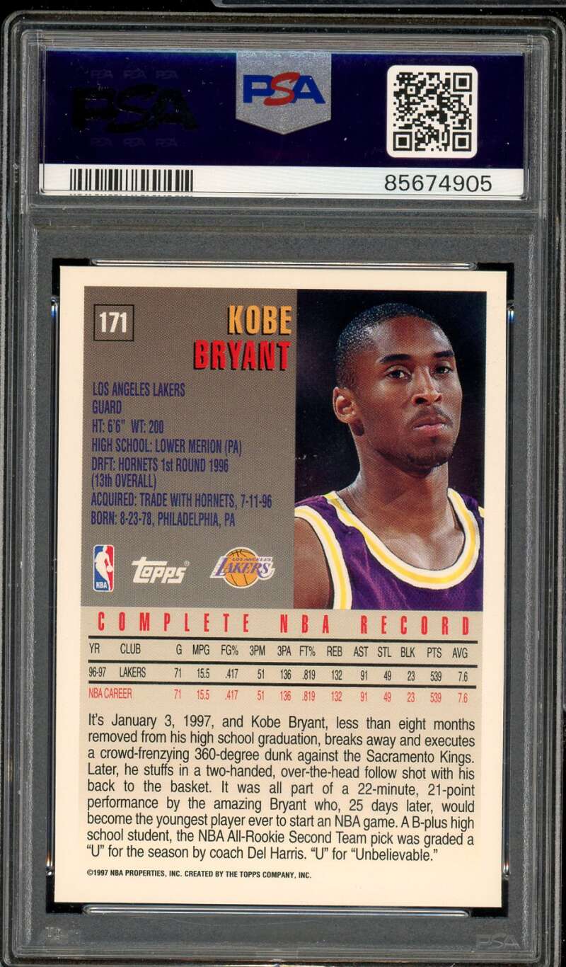 Kobe Bryant Card 1997-98 Topps #171 PSA 9 Image 2