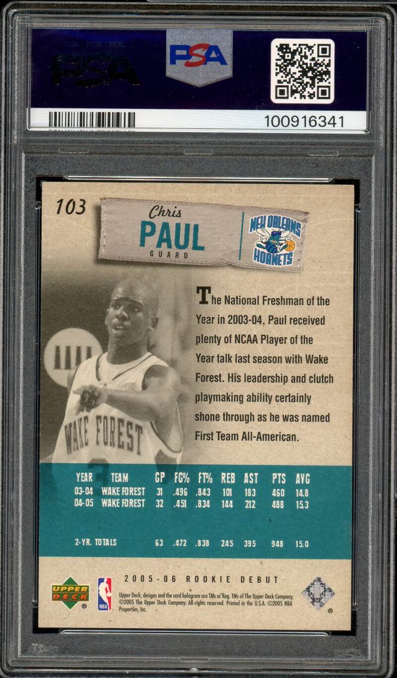 Chris Paul Rookie Card 2005-06 U.D. Rookie Debut #103 PSA 9 Image 2