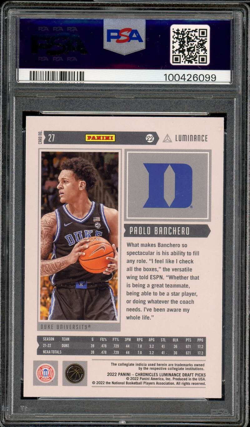Paolo Banchero Rookie Card 2022-23 Chronicles DP Luminance #27 PSA 9 Image 2