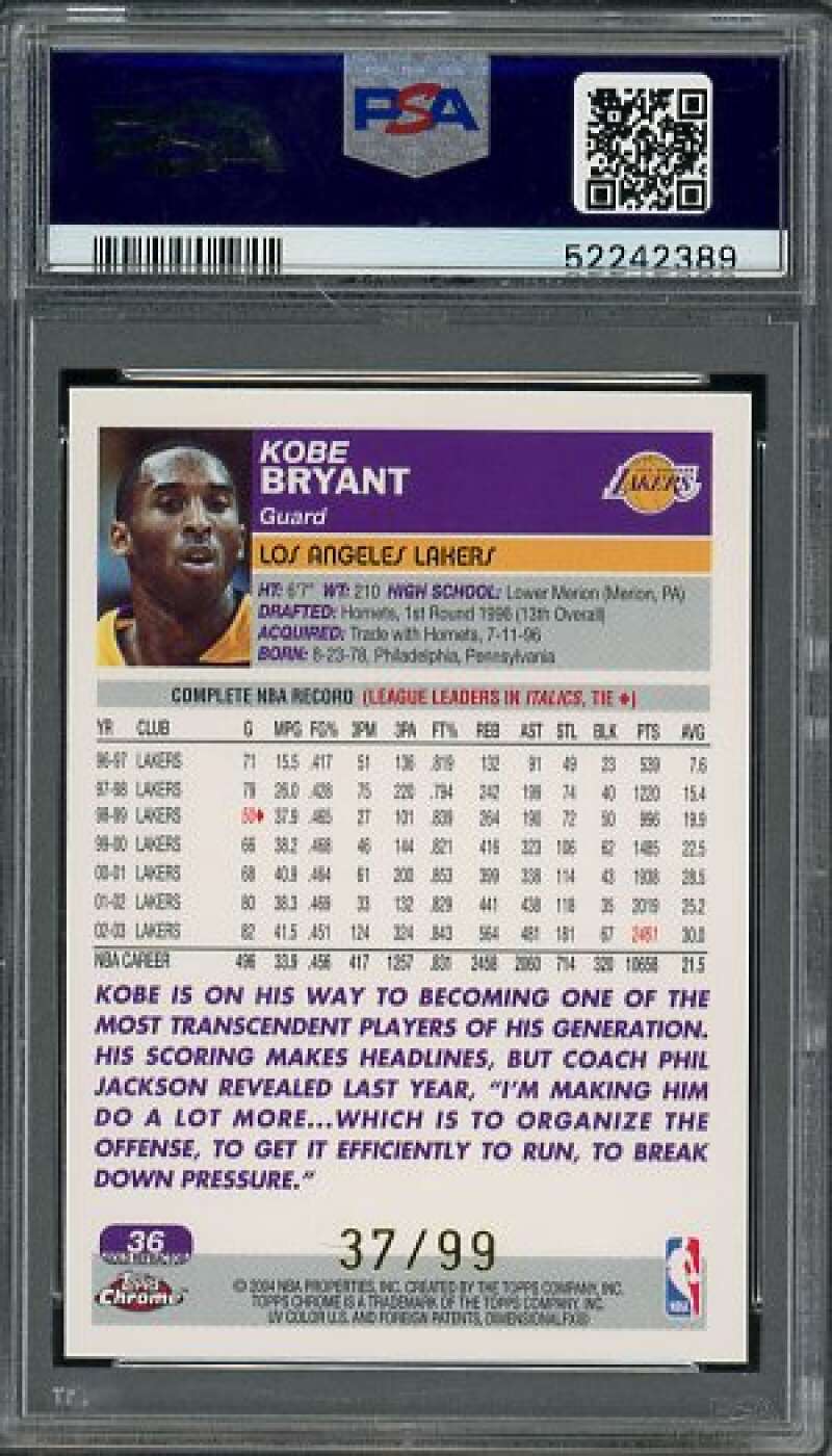 Kobe Bryant Cared 2003-04 Topps Chrome Gold Refractor (37/99) #36 PSA 9 Image 2