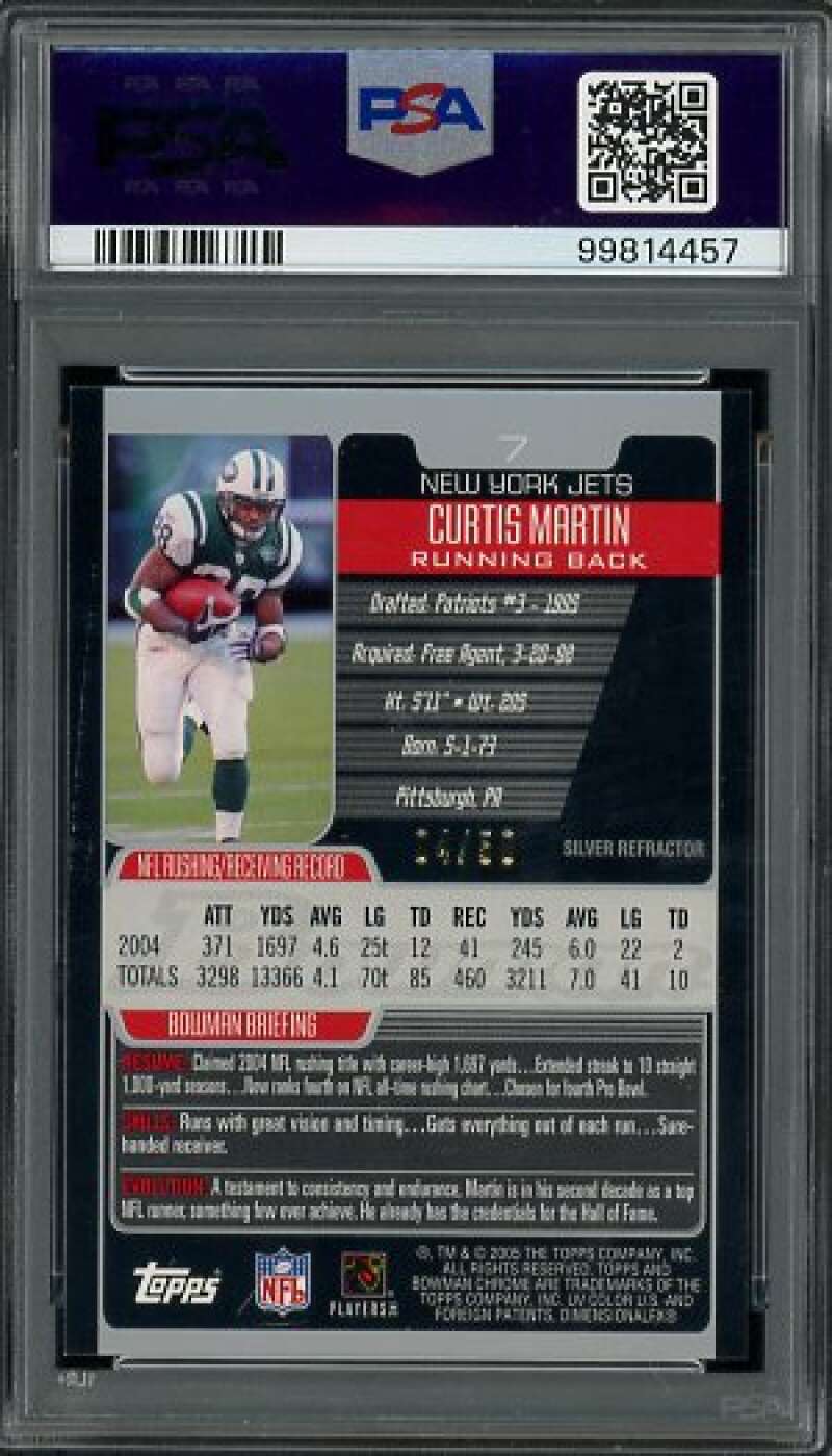 Curtis Martin Card 2005 Bowman Chrome Silver Refractor (pop 1) #7 PSA 8 Image 2