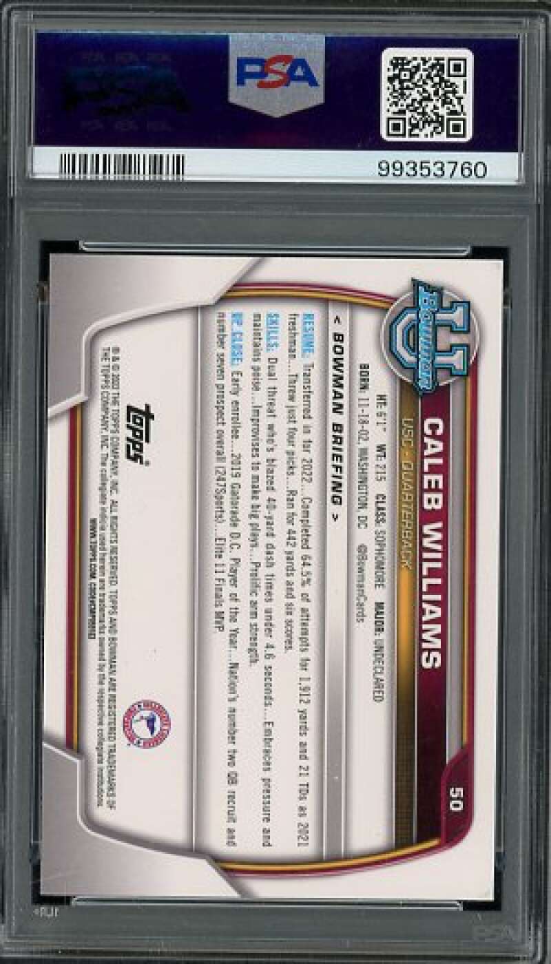 Caleb Williams 2022 Bowman University Chrome Pink Refractor #50 PSA 8 Image 2