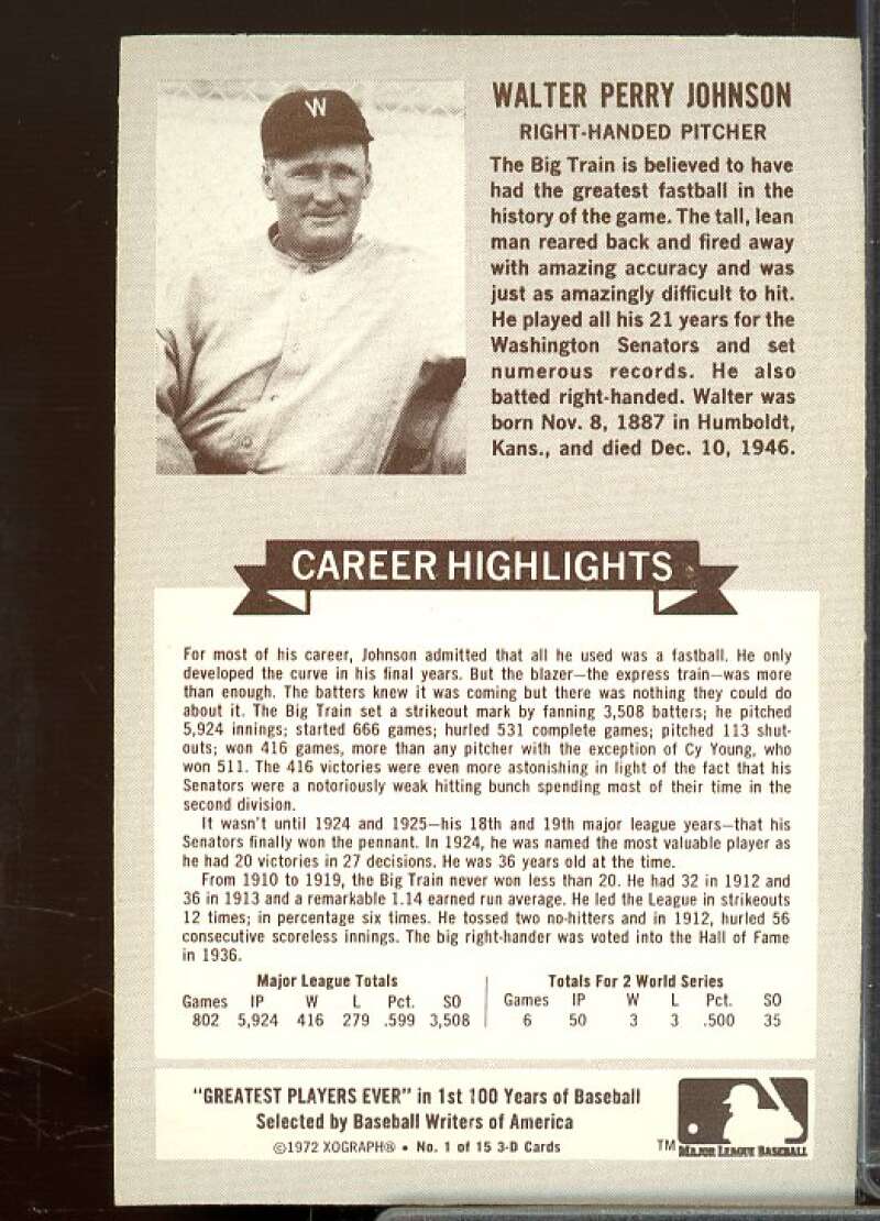 Walter Johnson Card 1972 Kellogg's ATG #1  Image 2