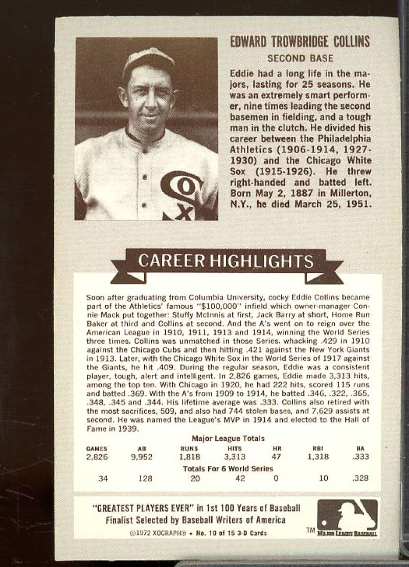 Eddie Collins Card 1972 Kellogg's ATG #10  Image 2