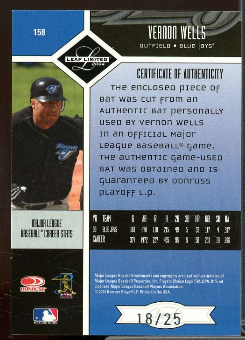 Vernon Wells H Card 2004 Leaf Limited Timber #158  Image 2