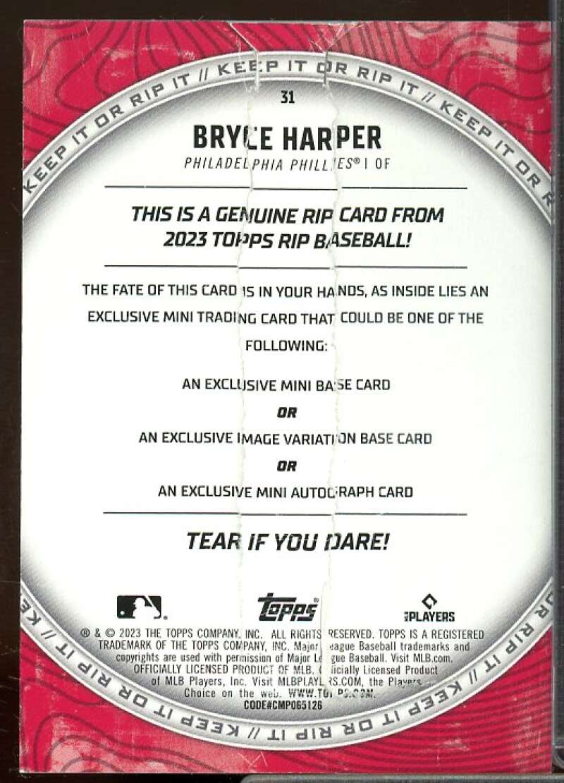 Bryce Harper Card 2023 Topps Rip Green Already Ripped #31  Image 2