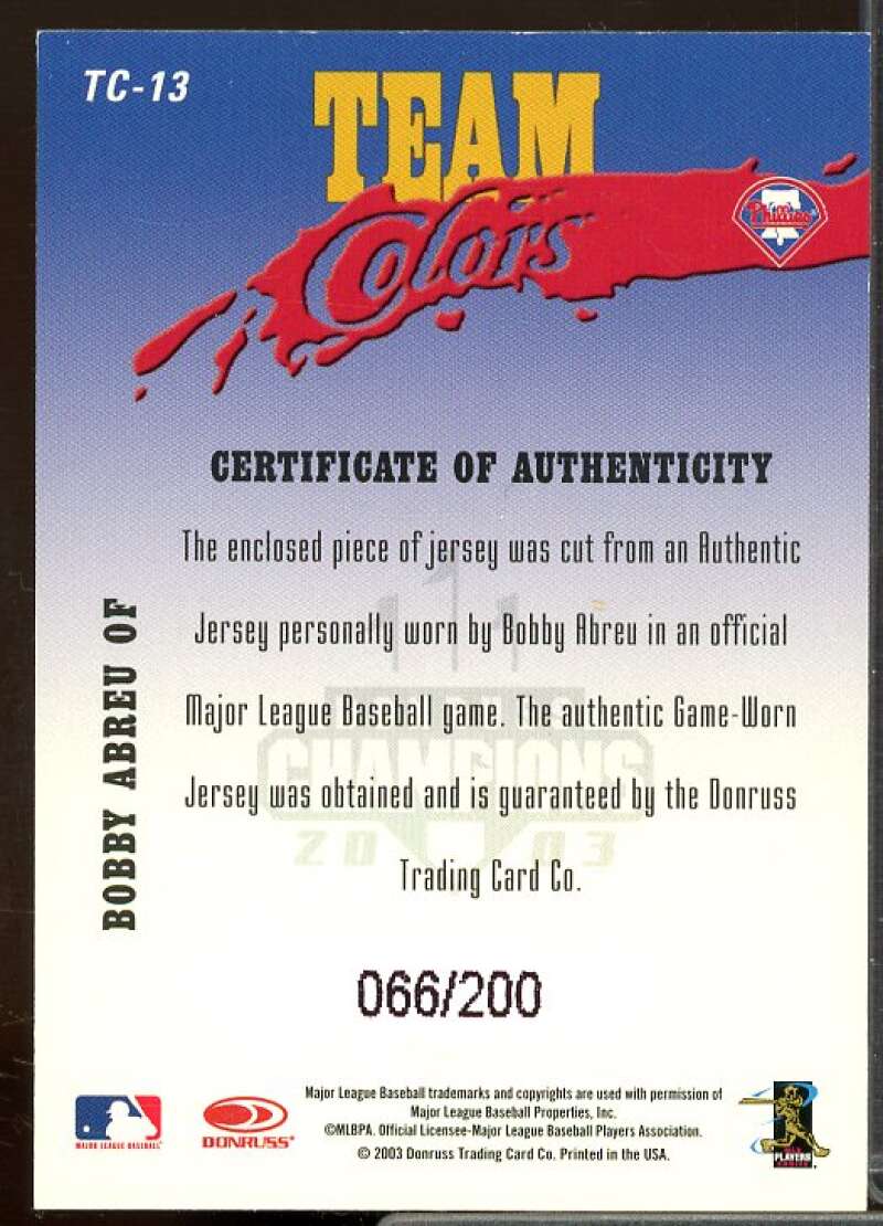 Bobby Abreu Jsy Card 2003 Donruss Champions Team Colors Materials #13  Image 2
