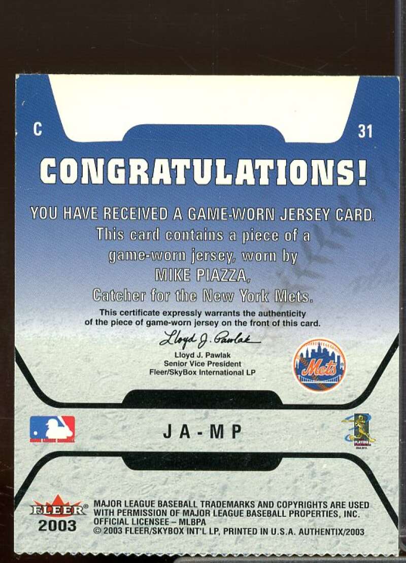 Mike Piazza Card 2003 Fleer Authentix Game Jersey #MP  Image 2