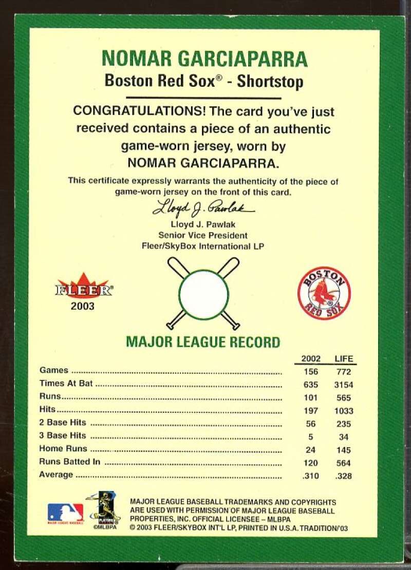 N.Garciaparra Jsy SP Card 2003 Fleer Tradition Game Used #351  Image 2