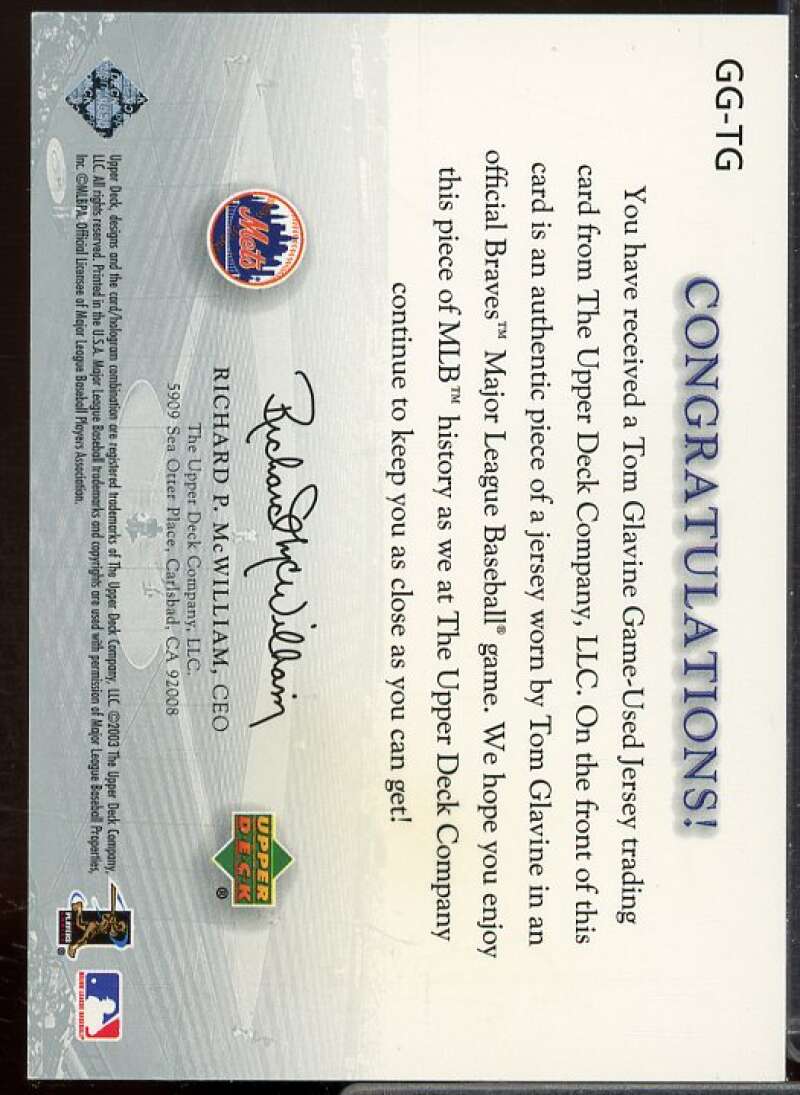 Tom Glavine Card 2003 Upper Deck Game Face Gear #TG  Image 2