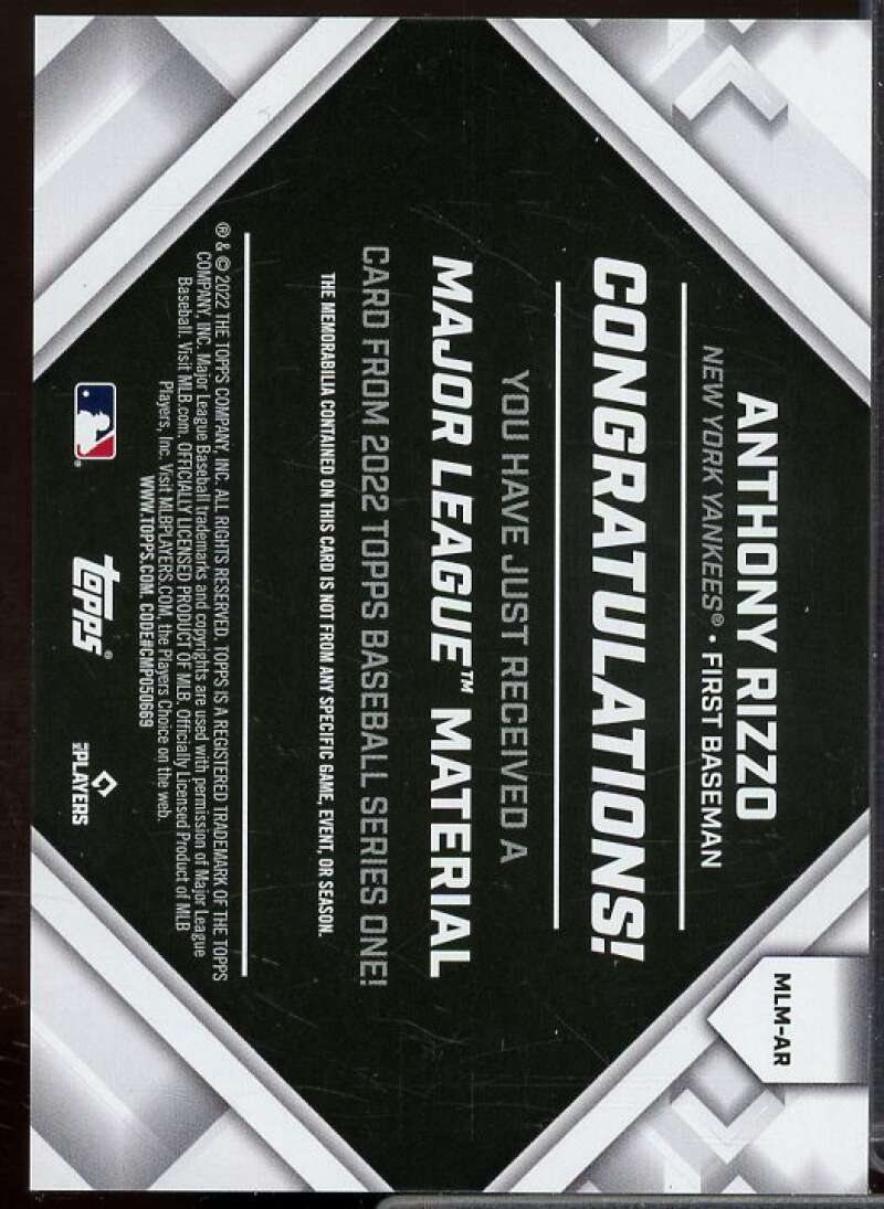Anthony Rizzo Card 2022 Topps Major League Materials #MLMAR  Image 2
