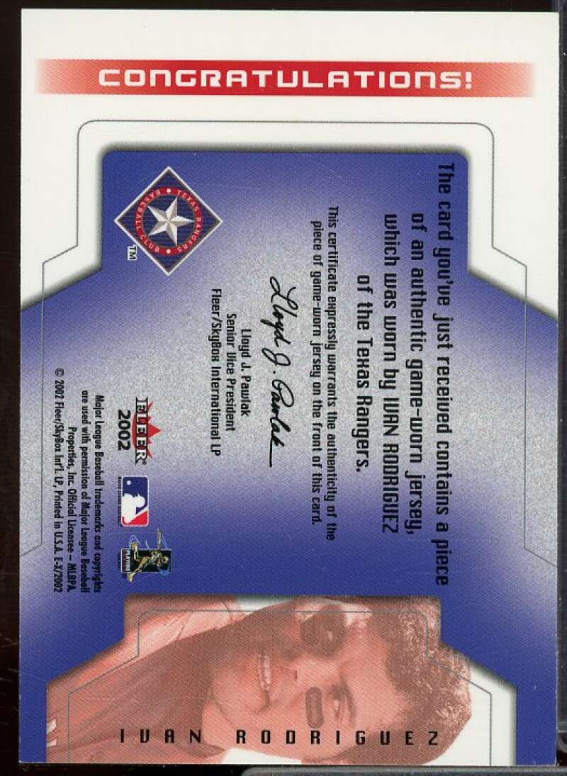 Ivan Rodriguez Card 2002 E-X Behind the Numbers Game Jersey #21  Image 2