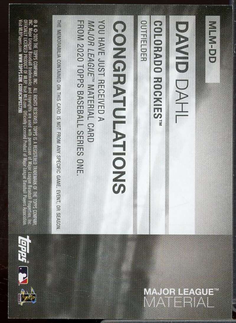 David Dahl Card 2020 Topps Major League Materials Gold #MLMDD  Image 2