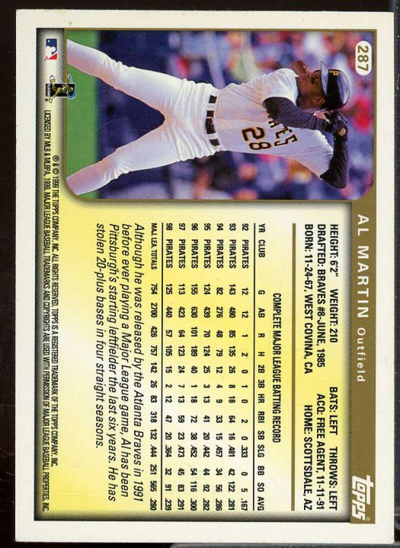 Al Martin In Person Autograph Card 1999 Topps #287  Image 2
