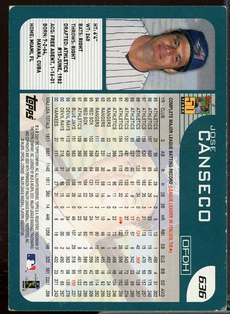 Jose Canseco In Person Autograph Card 2001 Topps #636  Image 2
