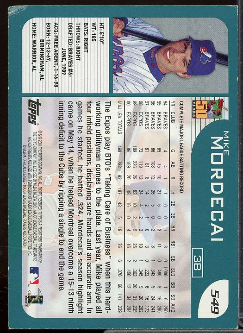 Mike Mordecai In Person Autograph Card 2001 Topps #549  Image 2