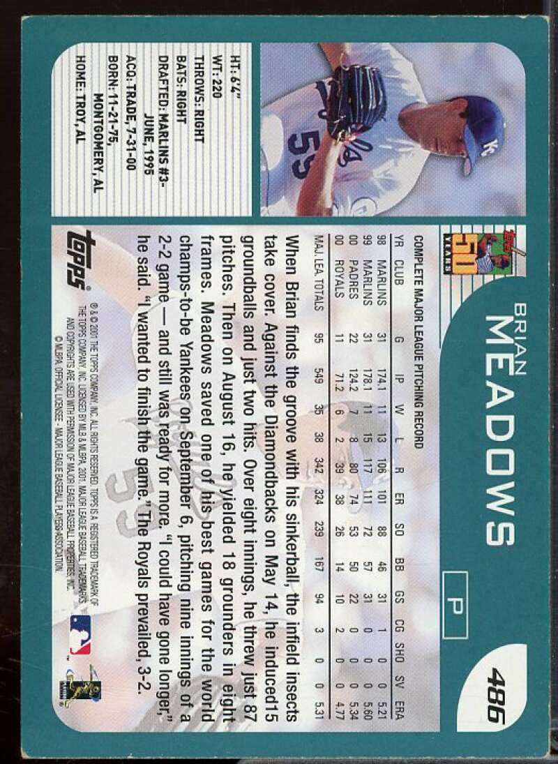 Brian Meadows In Person Autograph Card 2001 Topps #486  Image 2