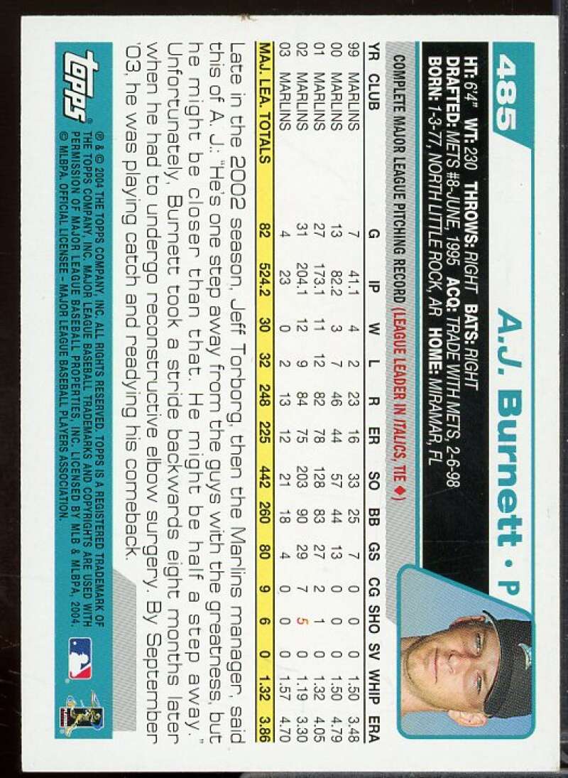 A.J. Burnett In Person Autograph Card 2004 Topps #485  Image 2