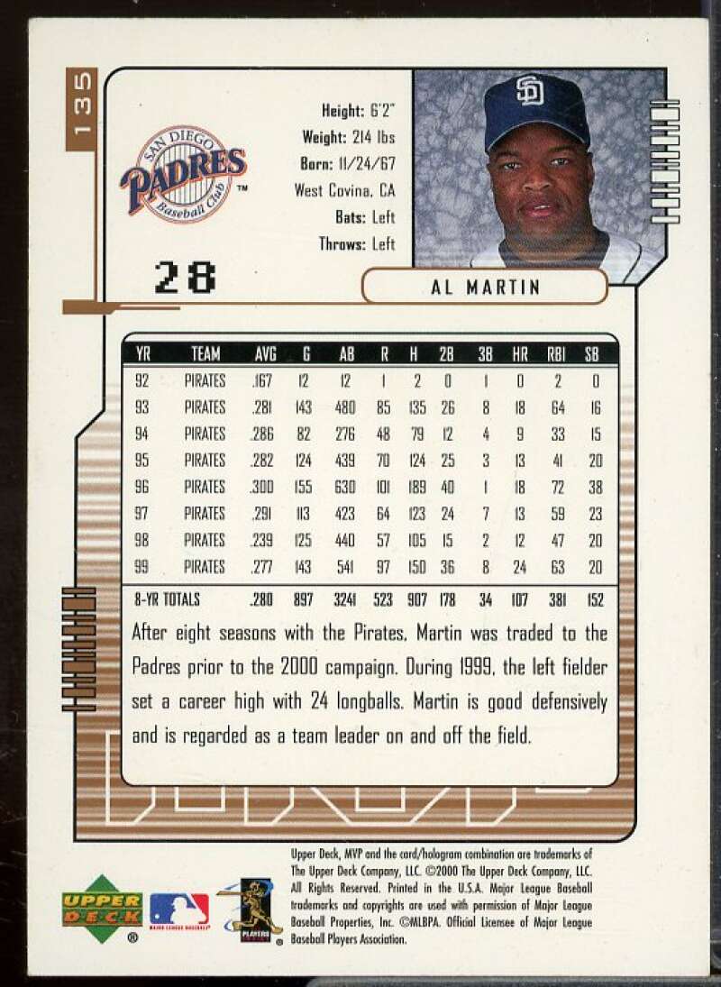 Al Martin In Person Autograph Card 2000 Upper Deck MVP #135  Image 2