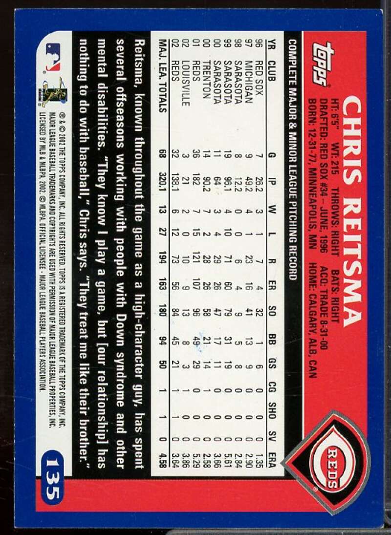 Chris Reitsma In Person Autograph Card 2003 Topps #135  Image 2