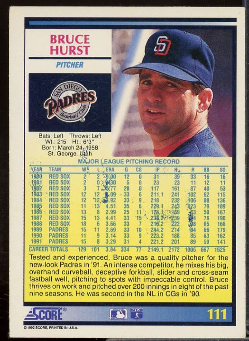 Bruce Hurst In Person Autograph Card 1992 Score #111  Image 2