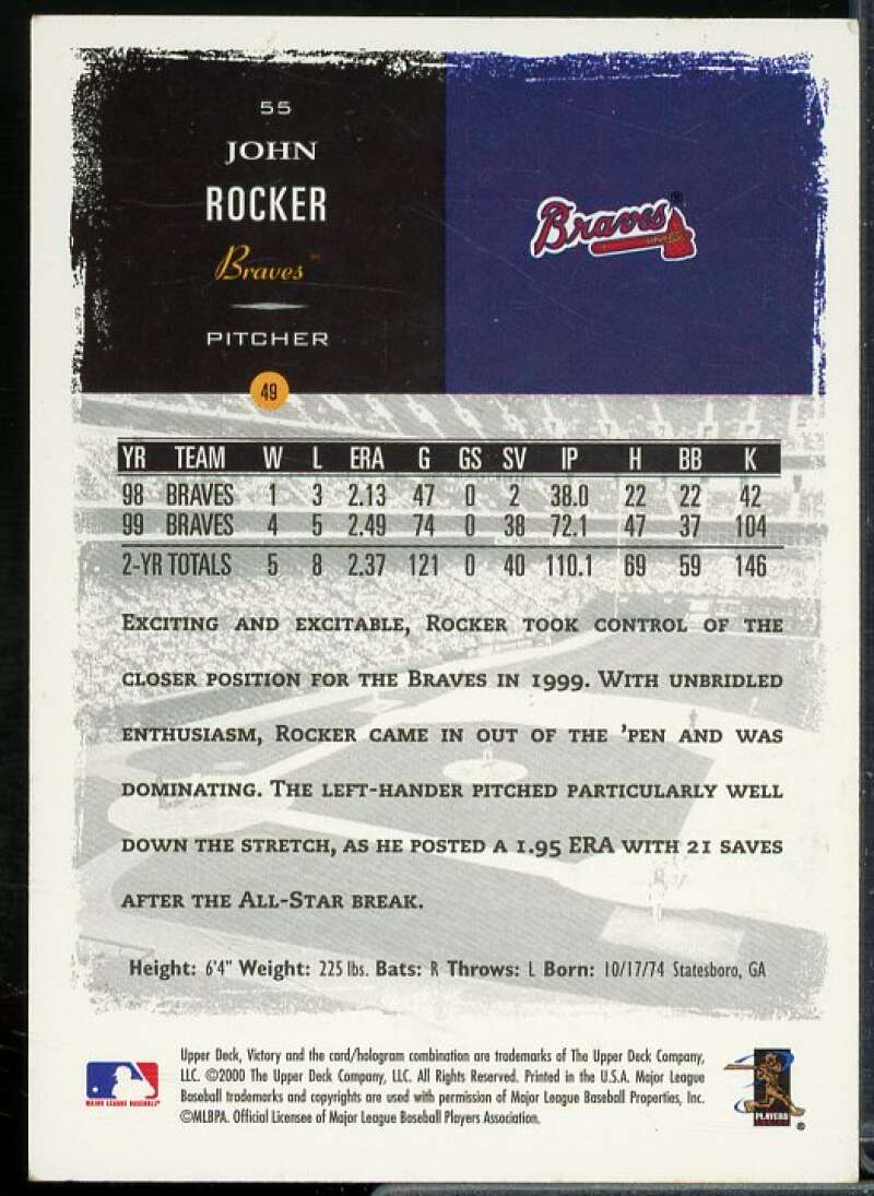 John Rocker In Person Autograph Card 2000 Upper Deck Victory #55  Image 2