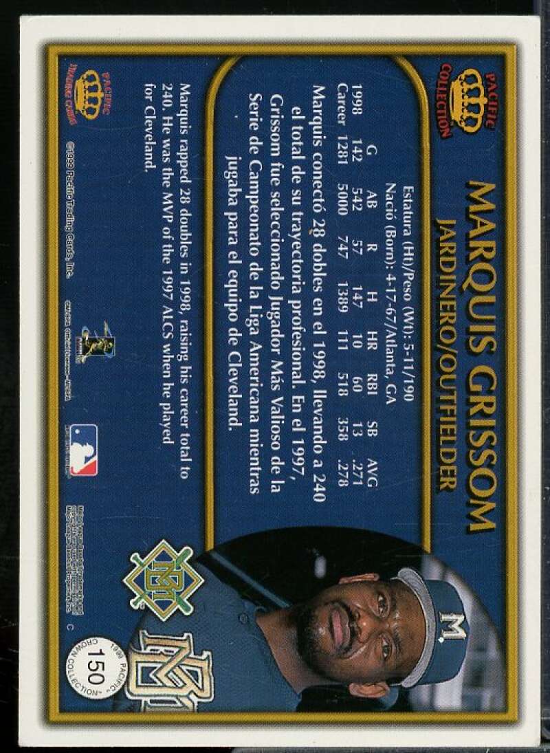 Marquis Grissom In Person Autograph Card 1999 Pacific Crown Collection #150  Image 2