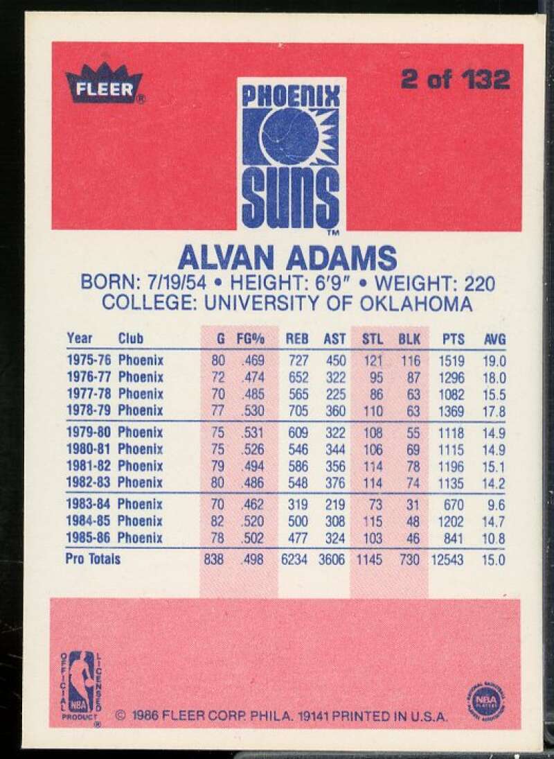 Alvan Adams Card 1986-87 Fleer #2  Image 2