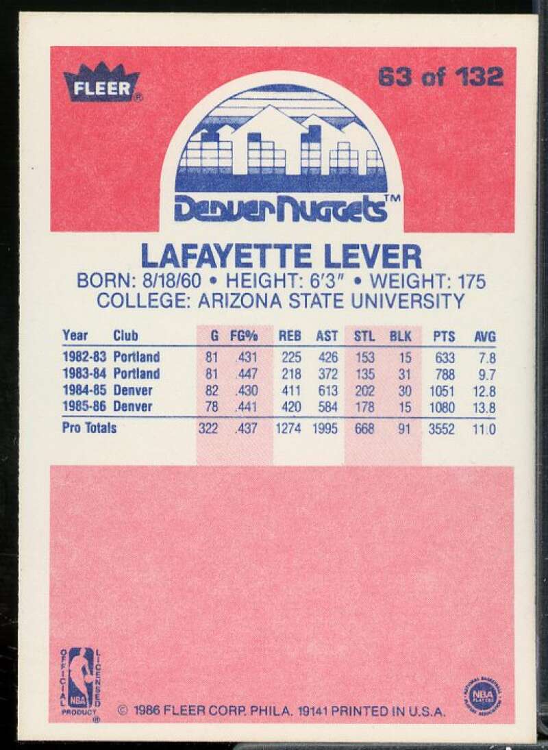 Lafayette Lever Rookie Card 1986-87 Fleer #63  Image 2