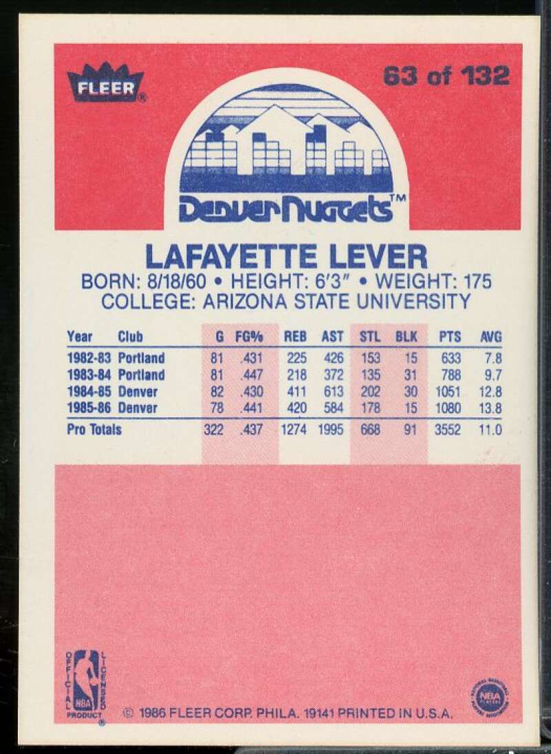 Lafayette Lever Rookie Card 1986-87 Fleer #63  Image 2