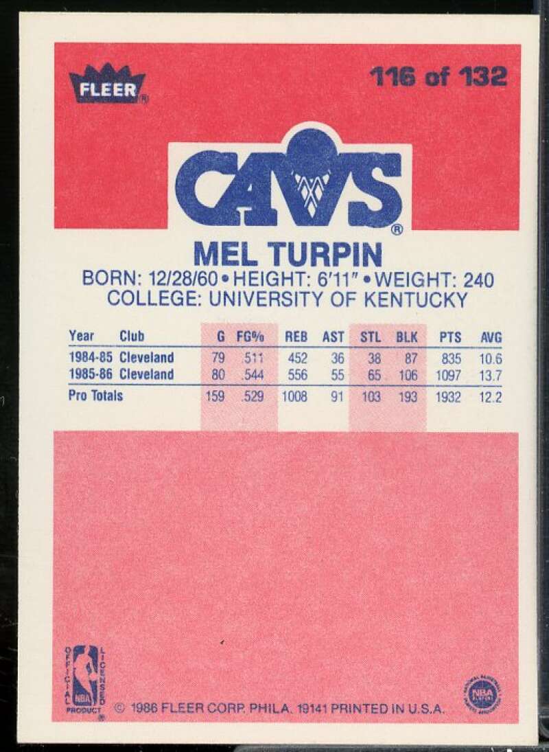 Mel Turpin Card 1986-87 Fleer #116  Image 2