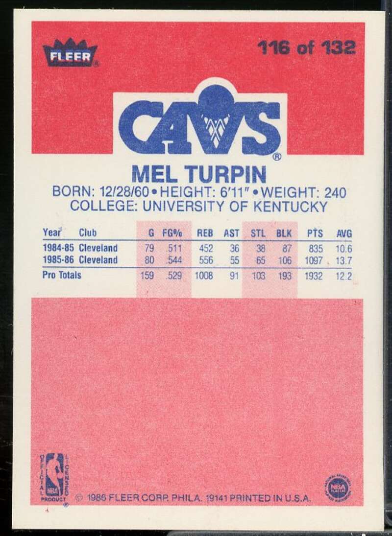 Mel Turpin Card 1986-87 Fleer #116  Image 2