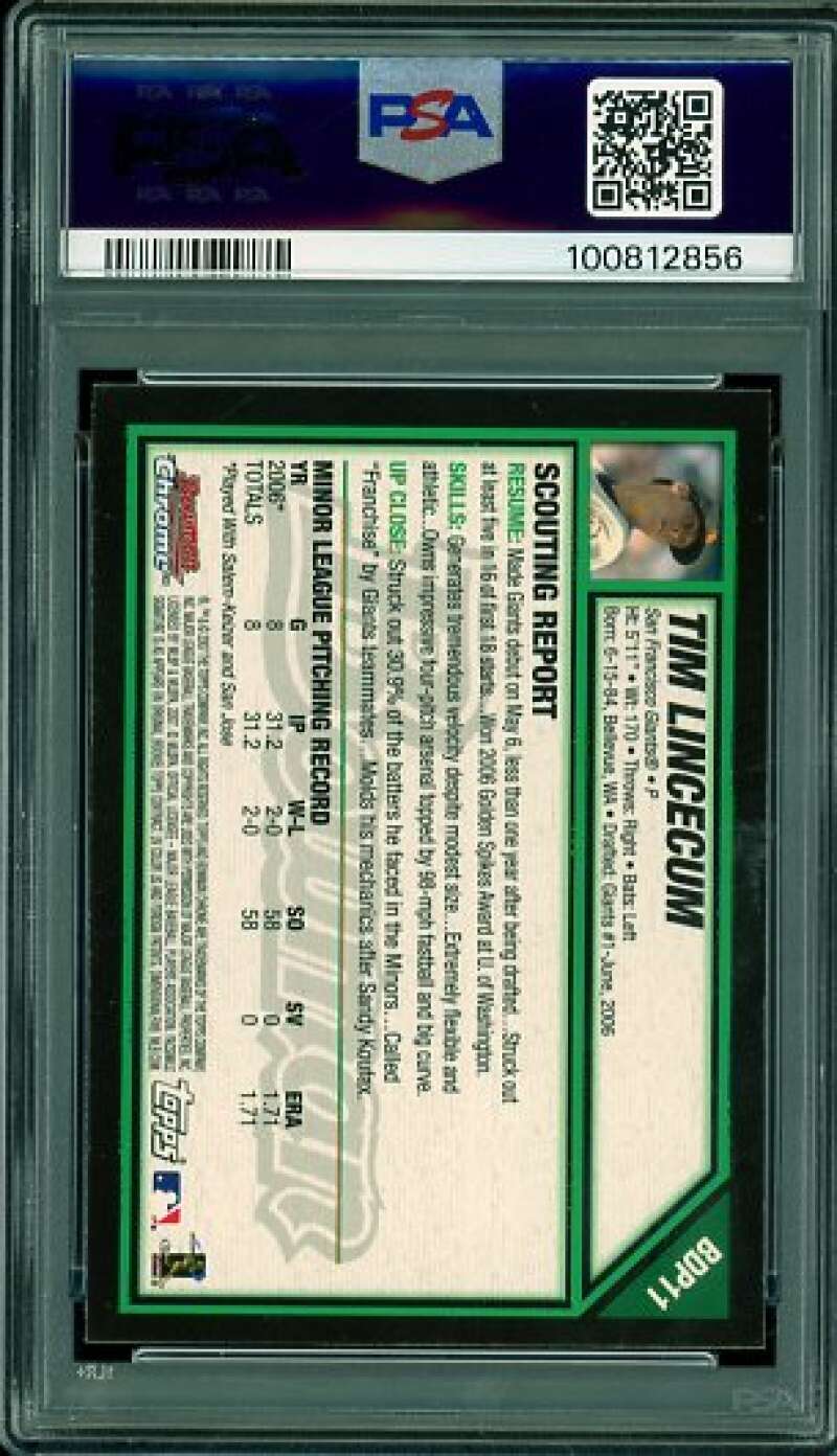 Tim Lincecum Rookie Card 2007 Bowman Chrome #BDP11 PSA 10 Image 2