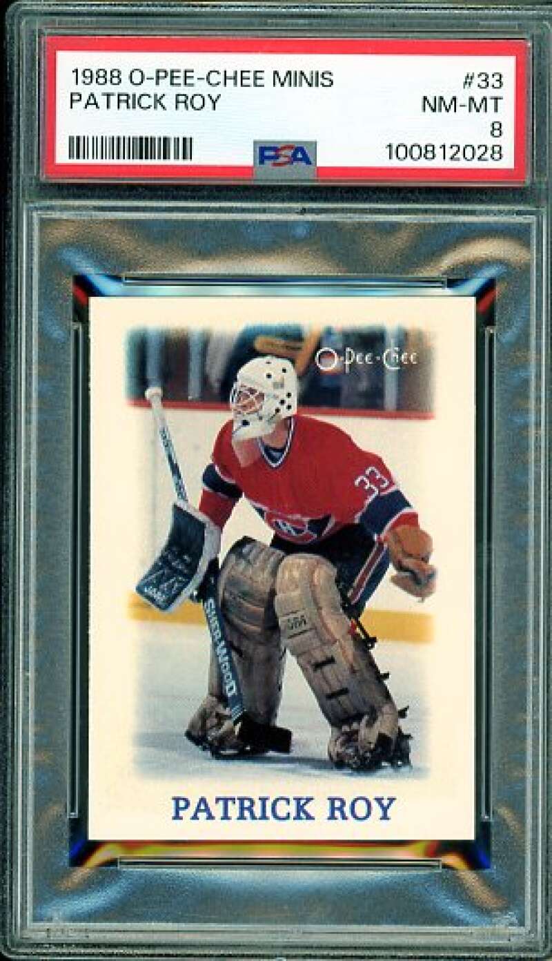 Patrick Roy Card 1987-88 O-Pee-Chee Minis #33 PSA 8 Image 1