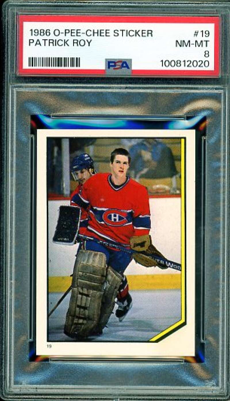 Patrick Roy Rookie Card 1986-87 O-Pee-Chee Sticker #19 PSA 8 Image 1