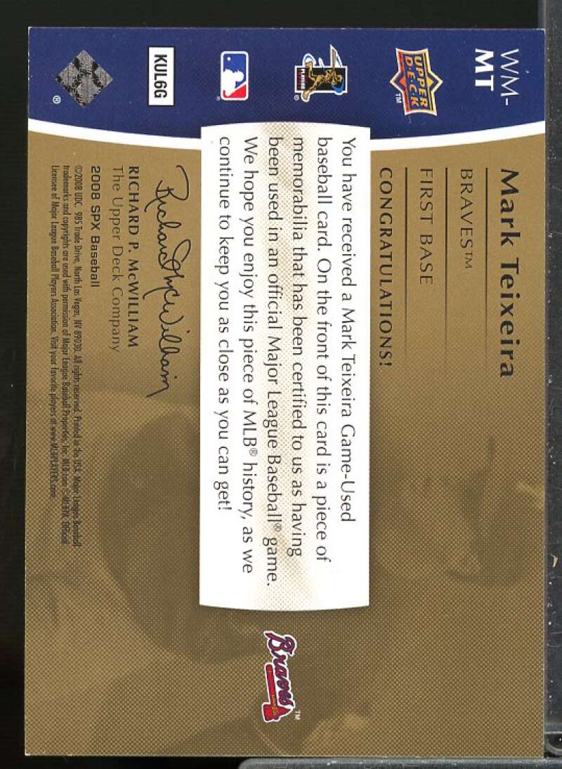 Mark Teixeira Card 2008 SPx Winning Materials Jersey Number 125 #MT  Image 2