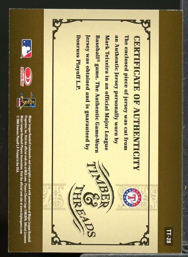 Mark Teixeira Card 2005 Donruss Timber and Threads Jersey #28  Image 2