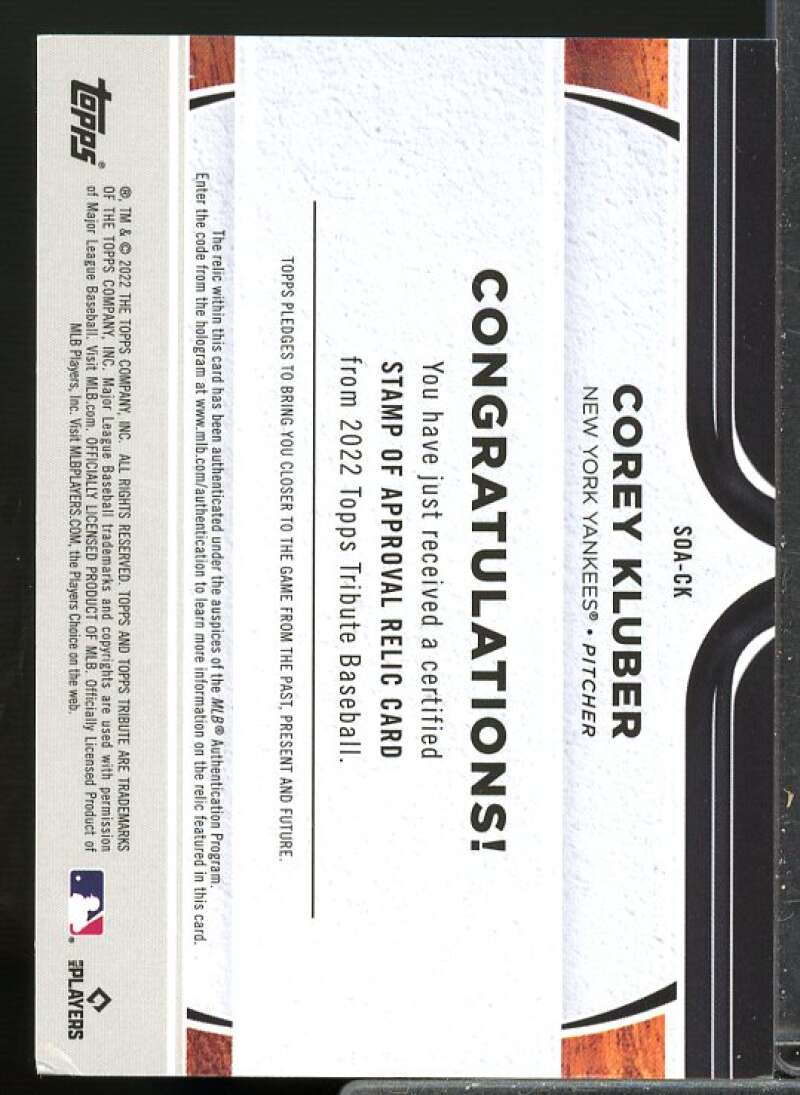 Corey Kluber 2022 Topps Tribute Stamp of Approval Jersey Relics Purple #SOACK  Image 2