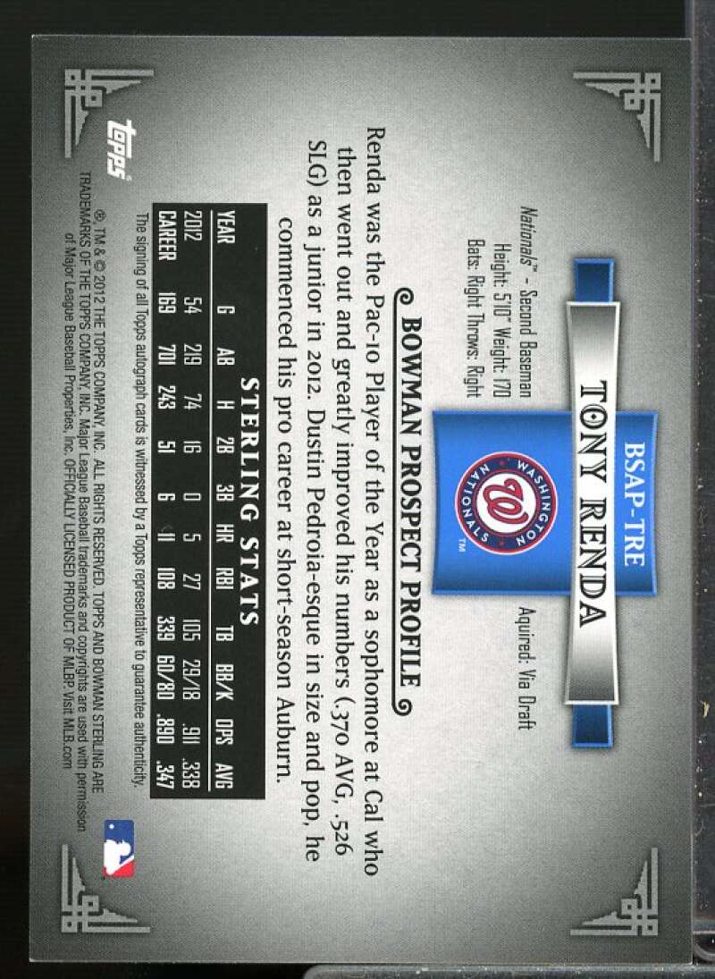 Tony Renda Rookie Card 2012 Bowman Sterling Prospect Autographs Refractors #TRE  Image 2