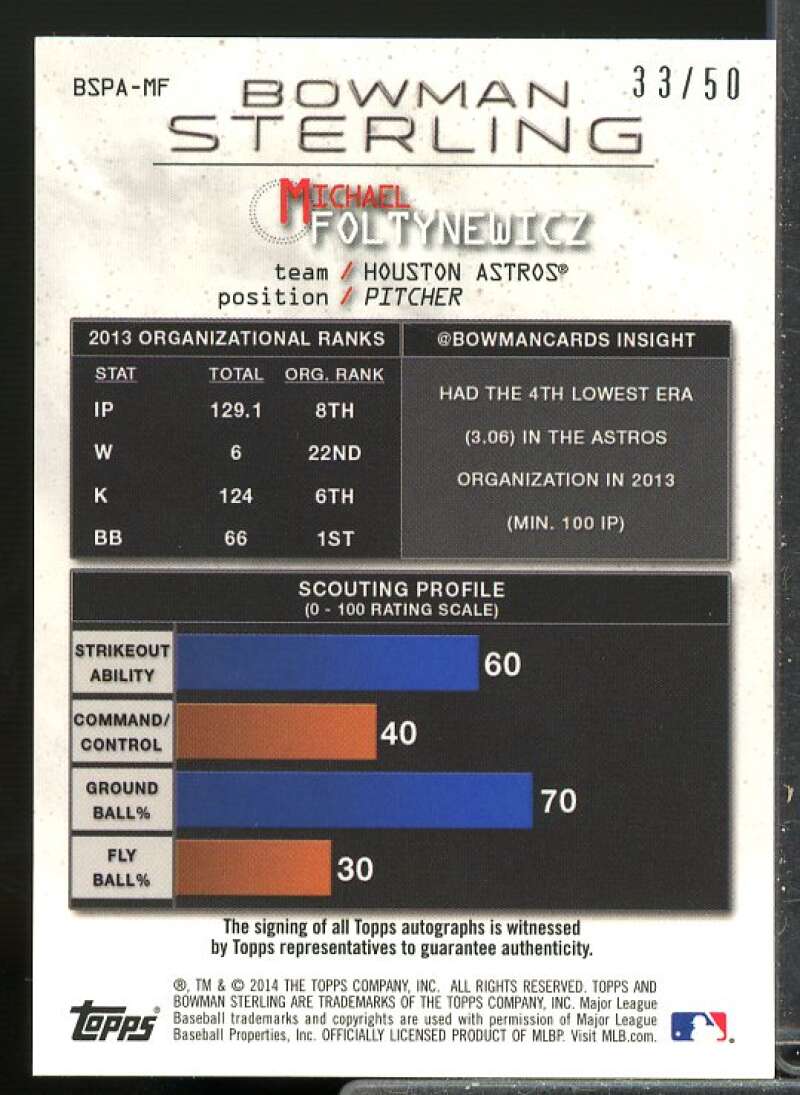 Michael Foltynewicz 2014 Bowman Sterling Prospect Auto Purple Refractor #BSPAMF  Image 2