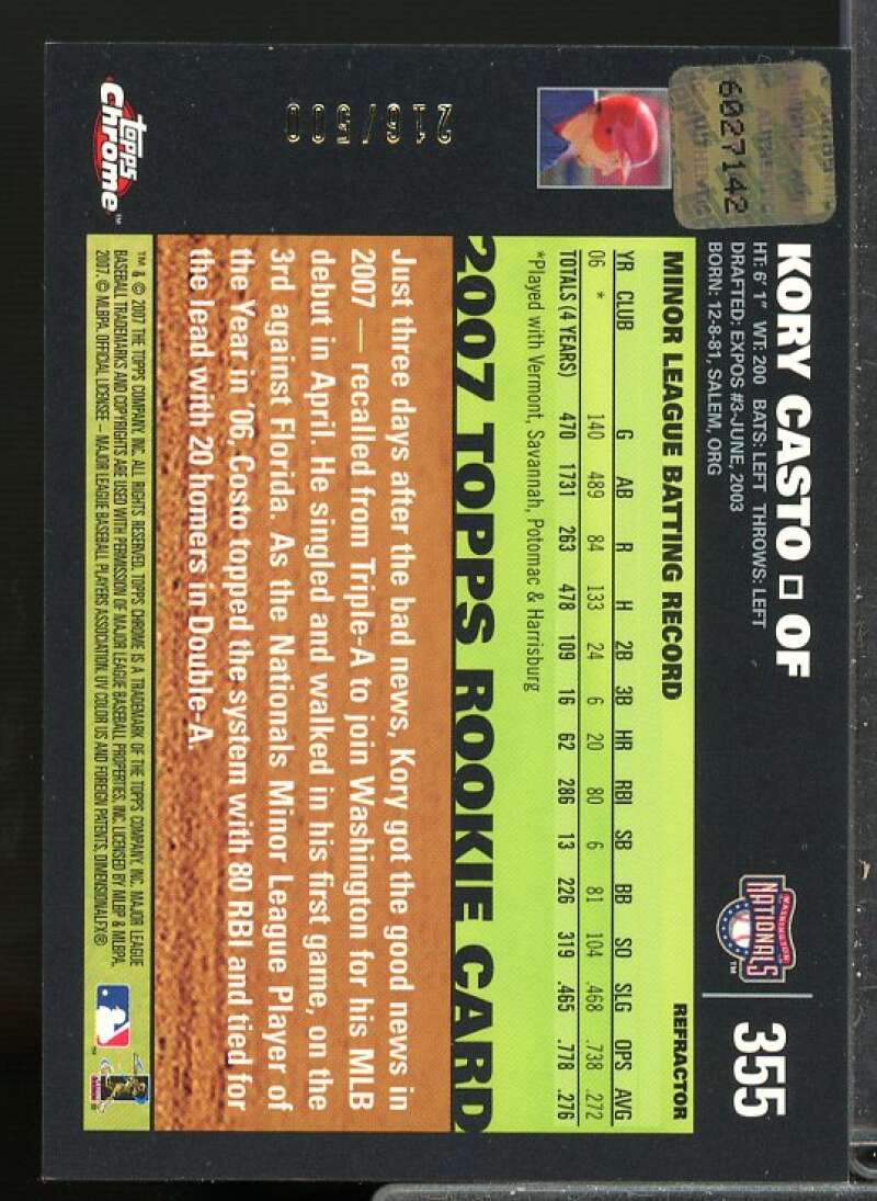 Kory Casto Rookie Card 2007 Topps Chrome Refractors Autograph #355  Image 2