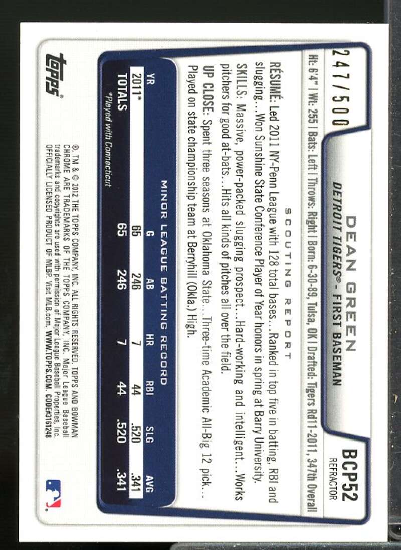 Dean Green Rookie Card 2012 Bowman Chrome Prospect Autographs Refractors #BCP52  Image 2