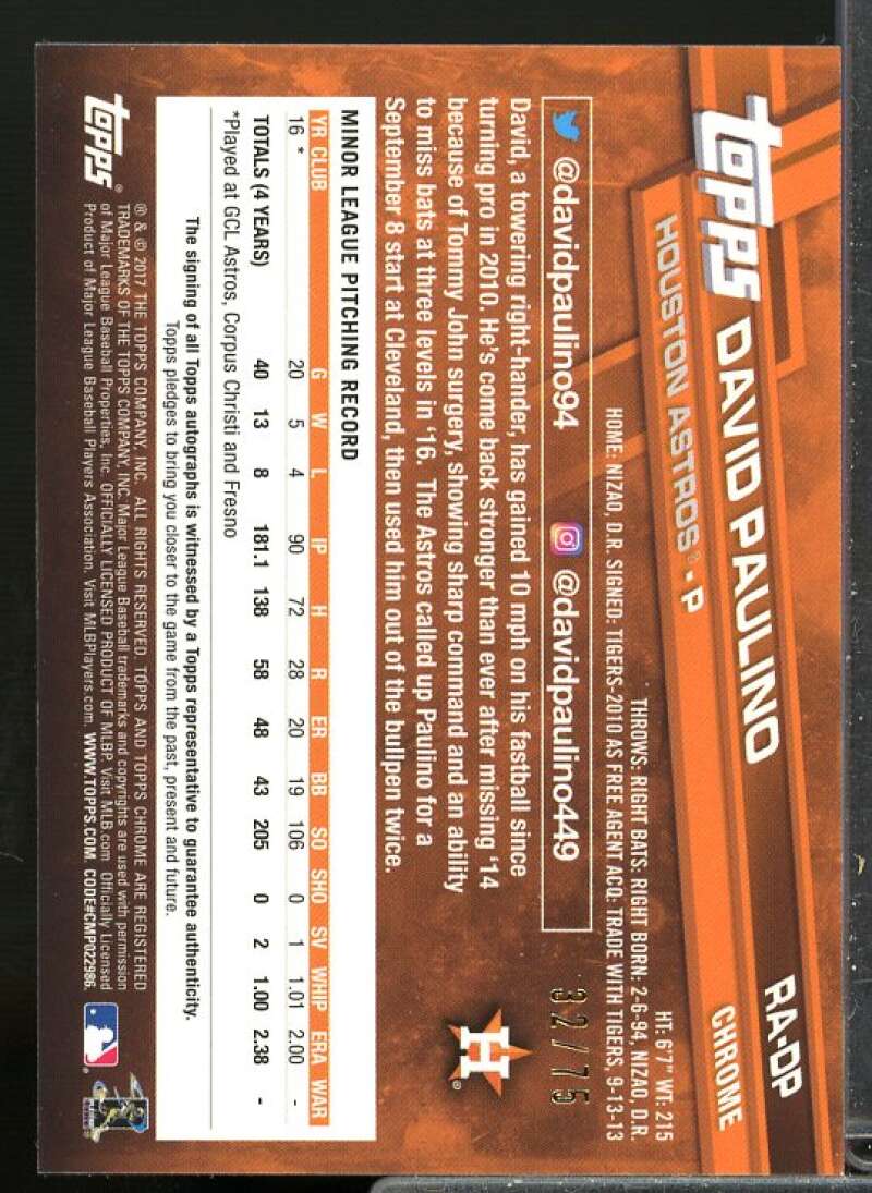 David Paulino 2017 Topps Chrome Rookie Autographs Blue Wave Refractors #RADP  Image 2