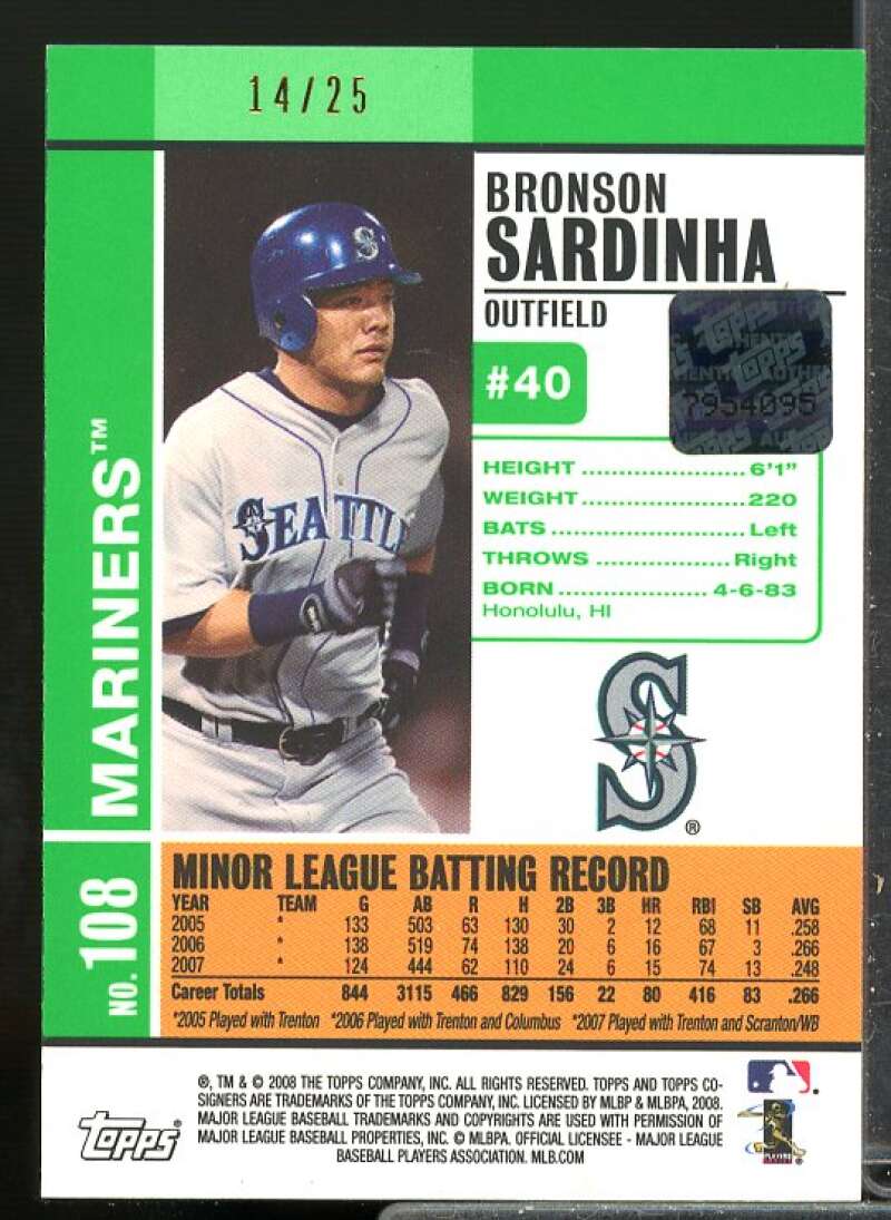 Bronson Sardinha Rookie 2008 Topps Co-Signers Autographs Hyper Plaid Green #108  Image 2