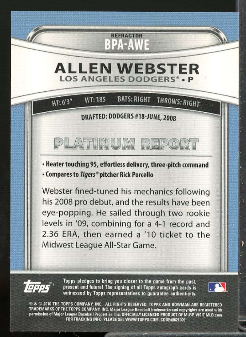 Allen Webster Rookie 2010 Bowman Platinum Prospect Autographs Refractors #AWE  Image 2