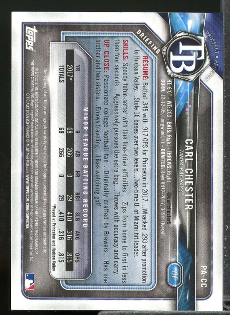 Carl Chester Rookie Card 2018 Bowman Prospect Autographs Green #PACC  Image 2